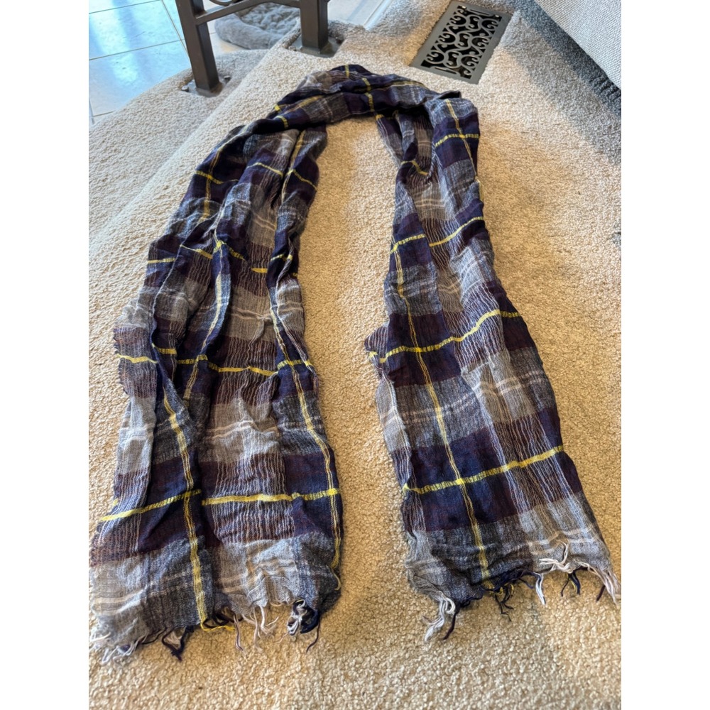 J.Crew Women Plaid Scarf Purple Grey Yellow Lightweight Fringed Gauze Accessory